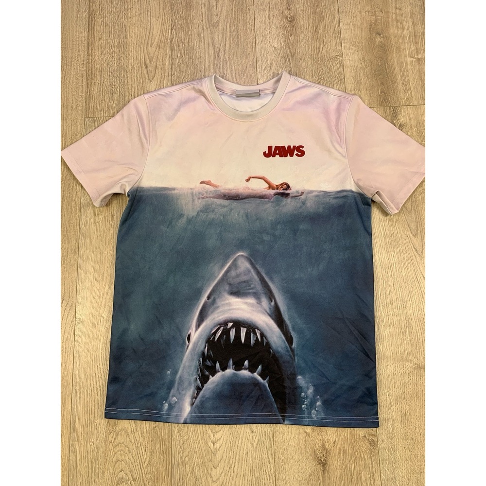 Jaws Graphic Sherpa Felted Flocked Lettering Athletic Stretch Tee‎ Shirt Men Med